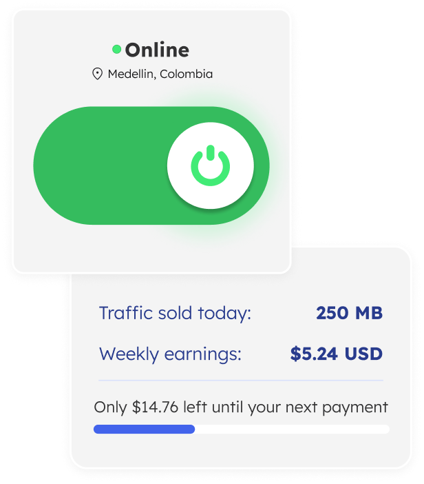 A user interface panel showing online status. At the top, it says 'Online' with a green dot and below that, the location 'Medellin, Colombia'. In the center is a green button with a power symbol. Below, a card displays 'Traffic sold today: 250 MB' and 'Weekly earnings: $5.24 USD'. There's a progress bar indicating '$14.76 left until your next payment'. The background is checkered, suggesting transparency.